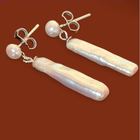 925 Sterling Silver Dangling Earrings with   Cultured Freshwater White Pearls. - Picture 8 of 8